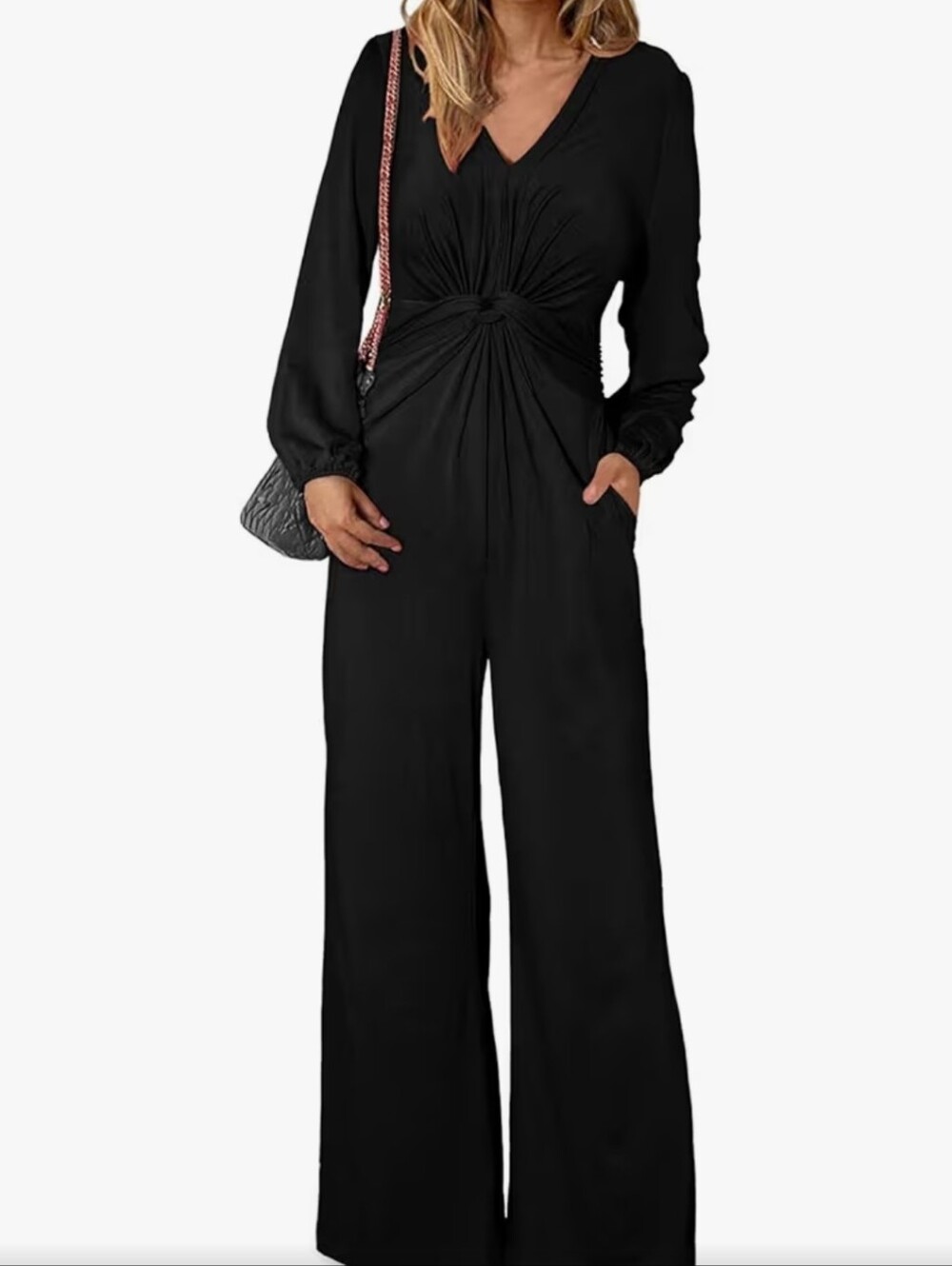 Classic Black Long Sleeve Twist Front Jumpsuit